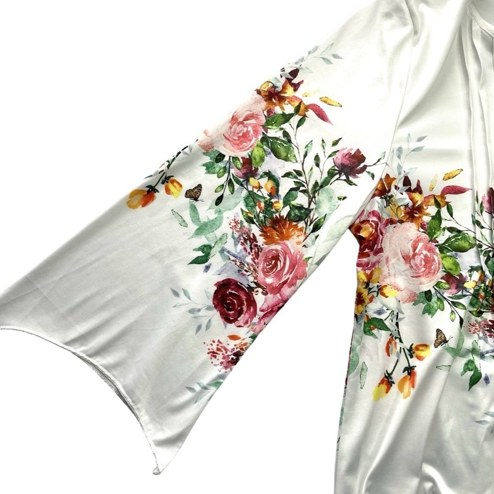 Beautiful SzL Blouse Floral Print White 3/4 Length Sleeve Round Neck Stretchy - Picture 10 of 13